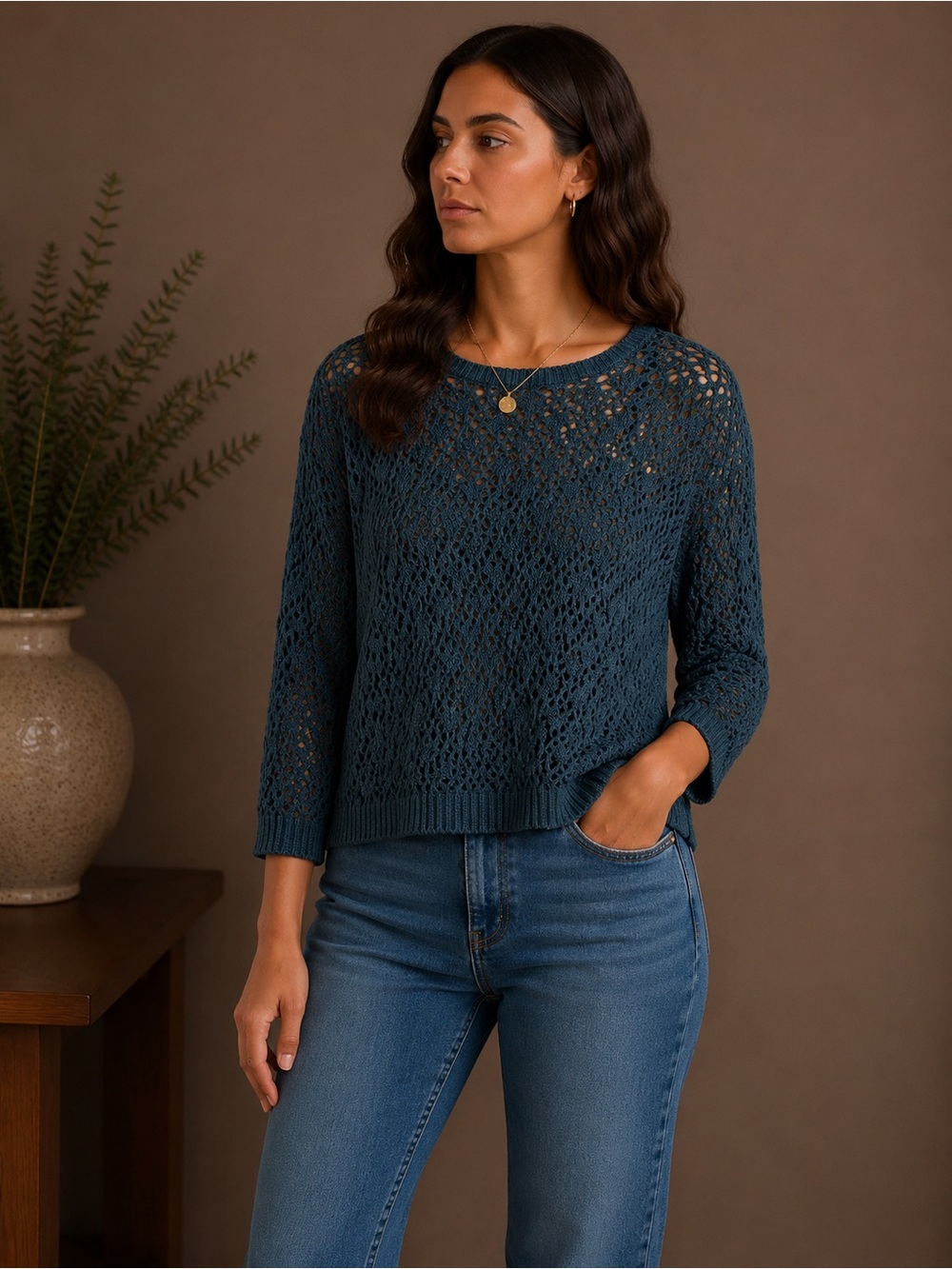 Elegant Teal Open-Knit Women's Sweater